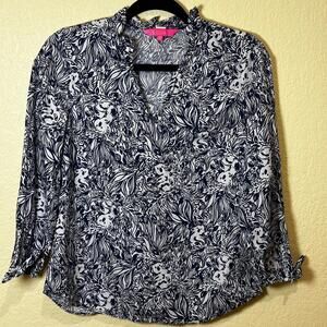 Lilly Pulitzer blue and white bunny‎ rabbit print button up down shirt  XXS NWOT